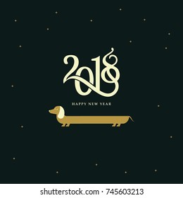 2018 happy new year Vector winter card writing calligraphic numbers 2018 and congratulations with happy New Year dog image Christmas dog Dachshund,2018 happy new year dog
