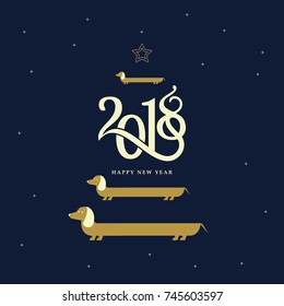 2018 happy new year Vector winter card writing calligraphic numbers 2018 and congratulations with happy New Year dog image Christmas dog Dachshund,2018 happy new year dog