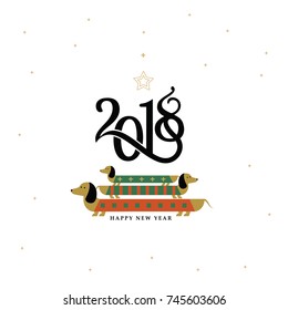 2018 happy new year Vector winter card writing calligraphic numbers 2018 and congratulations with happy New Year dog image Christmas dog Dachshund,2018 happy new year dog