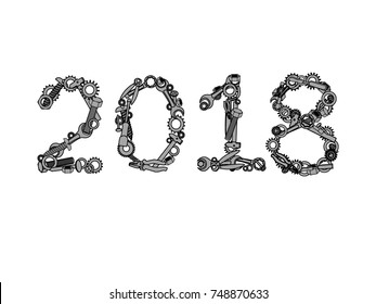 2018. Happy new year vector number from hardware tools. Numbers written with nuts, bolts and screws