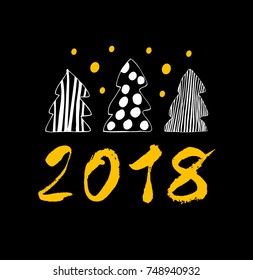 2018 Happy New Year vector drawn banner. Xmas golden card with spruces
