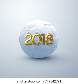 2018. Happy New Year. Vector illustration of golden 2018 numbers and realistic snow ball. Decorative winter element. Frozen cold sphere. Festive new year holiday ornament