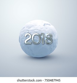 2018. Happy New Year. Vector illustration of silver 2018 numbers and realistic snow ball. Decorative winter element. Frozen cold sphere. Festive new year holiday ornament