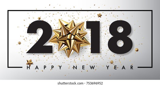 2018 happy new year vector greeting card and poster design with golden ribbon and stars.