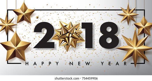 2018 happy new year vector greeting card and poster design with golden ribbon and star.