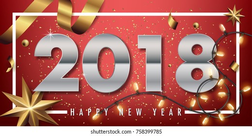2018 happy new year vector greeting card and poster design with golden ribbon and star on red background.