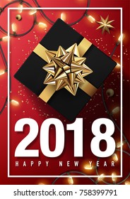 2018 happy new year vector greeting card and poster design with golden ribbon,gift box and star on red background.