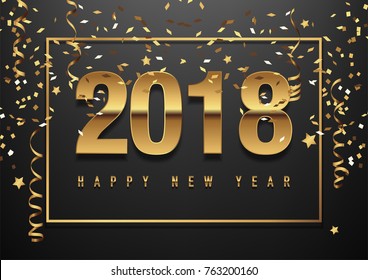2018 happy new year vector greeting card and poster design with golden ribbon and star.