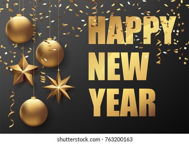 2018 happy new year vector greeting card and poster design with golden ribbon and star.