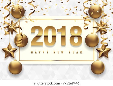 2018 happy new year vector greeting card and poster design with golden ribbon and star.