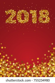2018 Happy New Year, vertical celebrate card with holiday greetings and golden stars