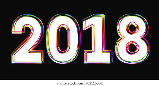 2018 Happy New Year. White numbers with multicolored outlines on black background. Vector EPS10