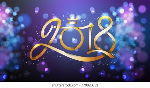 2018 Happy New Year. Year of a yellow dog on a Chinese horoscope, a template for postcards handwork, on the background light bokeh