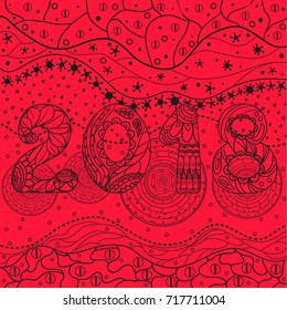 2018 Happy New Year. Zentangle. Hand drawn isolated texture with abstract patterns. Line art creation. Print for t-shirts Design for spiritual relaxation for adults. Greeting cards. Zen art