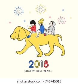 2018 happy new year zodiac animal dog with cute children. hand drawn illustrations. vector doodle design 