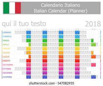 2018 Italian Planner Calendar with Horizontal Months on white background