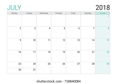 2018 July calendar or desk planner, weeks start on Monday - plain white and light green theme