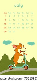 2018 july calendar with welsh corgi dog