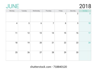 2018 June calendar or desk planner, weeks start on Monday - plain white and light green theme