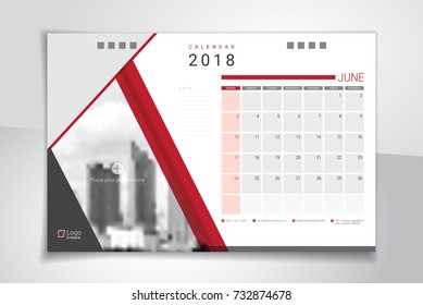 2018 June desk or table calendar, weeks start on Sunday - red and white theme with space for your picture