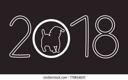 2018 lettering. Black background with symbol of the year. Puppy in Santa hat.