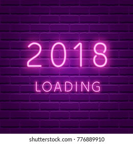 2018 loading. New year glowing neon ultra violet background. Banner, party typography poster, greeting card template. 