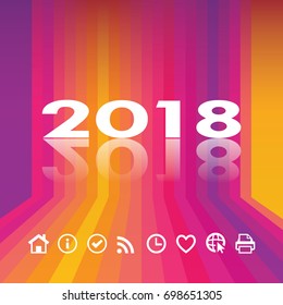 2018 logo on Abstract Modern multicolored background, rainbow stripes texture, sunset color, magenta, yellow, orange, violet dynamic shapes with social media icon, heart, home, follower, clock symbols