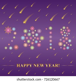 2018 made of snowflakes. Hand Drawn Colorful Shinning Snowflakes arranged in shape of 2018 on Night Sky with Golden Falling Stars. Perfect for Festive design. Vector illustration.