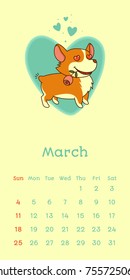 2018 march calendar with welsh corgi dog