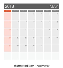 2018 May calendar or desk planner, weeks start on Sunday - gray theme, square proportion