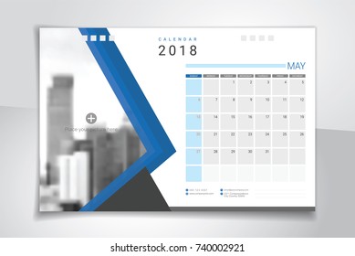 2018 May, illustration vector desk or table calendar, weeks start on Sunday - blue and white theme with space for your picture