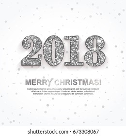 2018 Merry Christmas Greeting Card with silver numbers white background. New Year invitation, poster, banner design. Vector Illustration