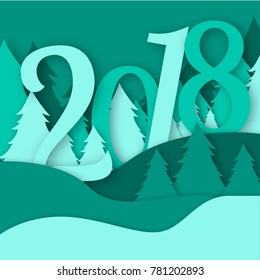 2018 Merry Christmas Greeting Card Vector Origami Forest Winter Xmas Made Pine Tree Snow Paper Art Snowy Craft Style Papercut Illustration. Park Tree Landscape Background.