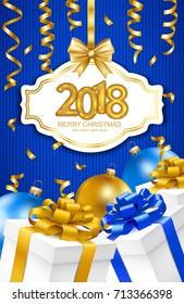 2018 Merry Christmas and Happy New Year card with gift boxes, christmas balls and serpentine on blue knitted texture background.  Gold text design. Vector illustration.