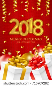2018 Merry Christmas and Happy New Year card with gift boxes, christmas balls and serpentine on red knitted texture background.  Gold text design. Vector illustration.