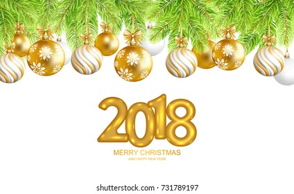 2018 Merry Christmas and Happy New Year card with fir-tree border and christmas balls. Vector illustration.