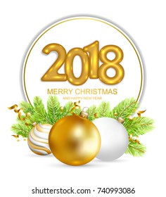 2018 Merry Christmas and Happy New Year card with fir-tree and christmas balls on white background. Handwriting  lettering. Vector illustration.