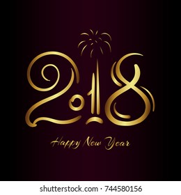 2018 Merry Christmas and Happy New Year greeting card gold letters on dark background with fireworks. Vector Illustration