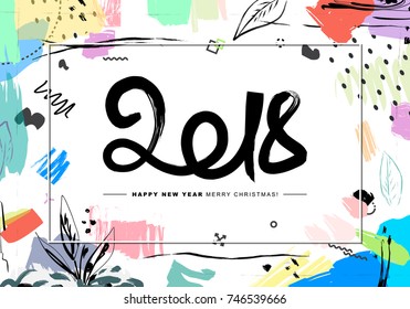 2018 Merry Christmas and Happy New Year card or background. 
Creative universal floral artistic cover in trendy style with Hand Drawn textures. 
Collage. Hipster graphic design template.
Vector