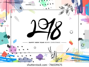 2018 Merry Christmas and Happy New Year card or background. 
Creative universal floral artistic cover in trendy style with Hand Drawn textures. 
Collage. Hipster graphic design template.
Vector