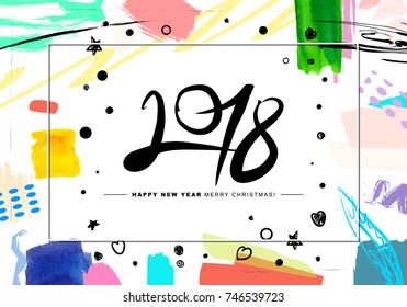 2018 Merry Christmas and Happy New Year card or background. 
Creative universal floral artistic cover in trendy style with Hand Drawn textures. 
Collage. Hipster graphic design template.
Vector