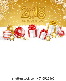 2018 Merry Christmas and Happy New Year card with christmas balls and gift boxes on snow. Gold text design. Vector illustration.