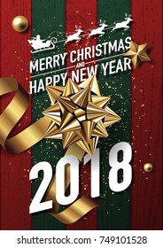 2018 merry christmas and happy new year vector greeting card and poster design with golden ribbon,star and giftbox on red-green wood textured.Eps10.