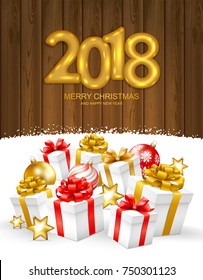 2018 Merry Christmas and Happy New Year card with christmas balls and gifts on snow. Gold text gesign. Vector illustration.