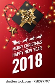 2018 merry christmas and happy new year vector greeting card and poster design with golden ribbon,star and giftbox on red background.