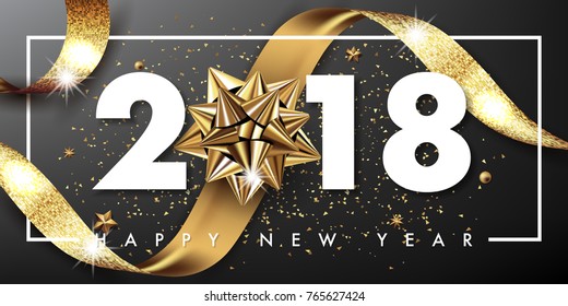 2018 merry christmas and happy new year vector greeting card and poster design with golden ribbon,star and confetti.