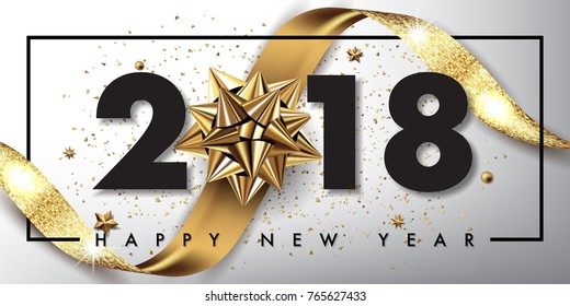 2018 merry christmas and happy new year vector greeting card and poster design with golden ribbon,star and confetti.