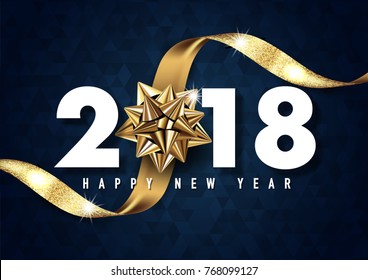 2018 merry christmas and happy new year vector greeting card and poster design with golden ribbon,star and confetti.