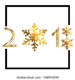 2018 merry Christmas and happy New Year. Abstract 2018 number with golden snoflaks on white background. Vector 