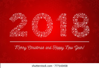 2018 Merry Christmas and Happy New Year. Vector illustration. 2018 composed of New Year and Christmas symbols. Red background